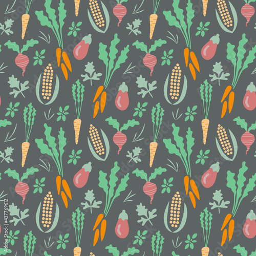 Vegetable and herbs garden carrot parsley beetroot corn and eggplant on dark grey background seamless repeat pattern