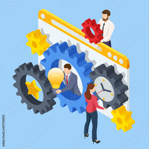 Isometric Business Process. Business team connect pieces of gears. Project planning, cooperation, workflow process, teamwork, business analysis, vision and scope, boost productivity