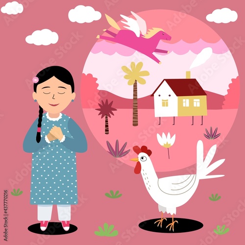 Happy woman dreaming in village next to chicken. Pegasus unicorn flying. Girl in a dream. Nature in countryside. Life theme outside city. Painting in pink tones. Cockerel in meadow. Horse with wings. 