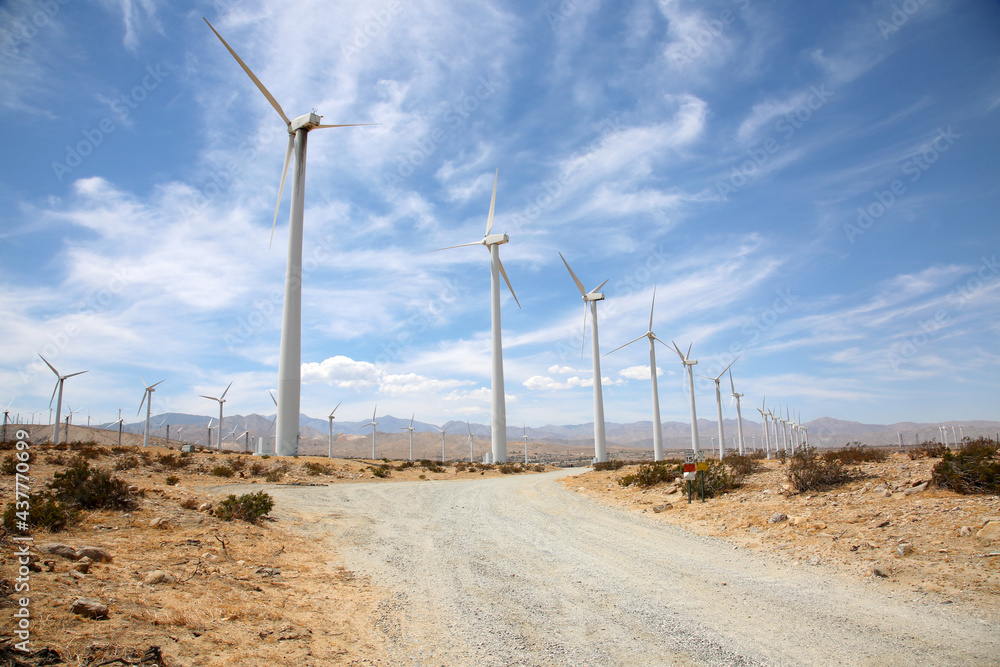 Windmills in the deserts of Palm Springs California. Power generating windmills (wind turbines) near Palm Springs California, USA. Windmills create free Green Energy with use of the wind.