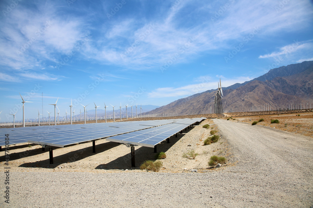 solar panels in a photovoltaic power station. Solar power panels. Solar power plants. Solar panels in Southern California.