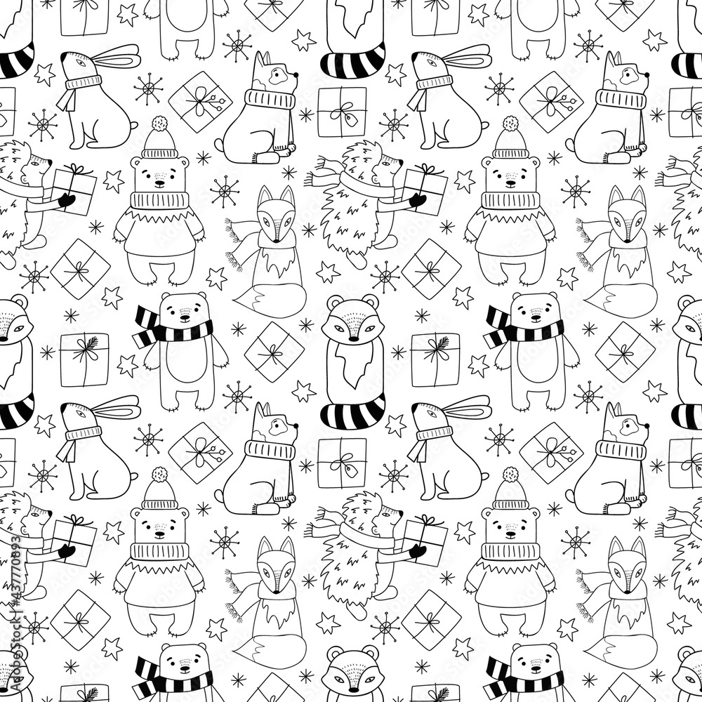 Christmas seamless pattern in doodle style. 