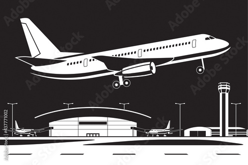 Aircraft taking off from the airport by night- vector illustration