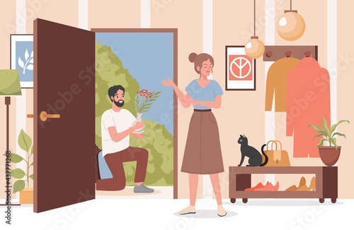 Man with flower bouquet apologizing to his girlfriend or wife vector flat illustration. Angry offended woman trying to forgive her husband or boyfriend. Troubles in couple relationships concept.