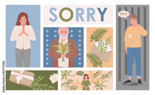 Men and women apologizing to offended people sending excusing gifts vector flat illustration. Young man and girl saying sorry, old man holding flowers. Guilty people speaking forgiveness.