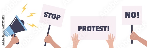 Protest. Protesters holding banners and placards. Activists with vote signs. Vector illustration.