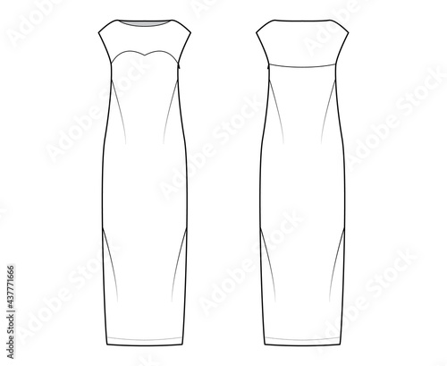 Dress column technical fashion illustration with long sleeves, sleeveless, fitted body, floor maxi length pencil skirt. Flat evening apparel front, back, white color style. Women men unisex CAD mockup