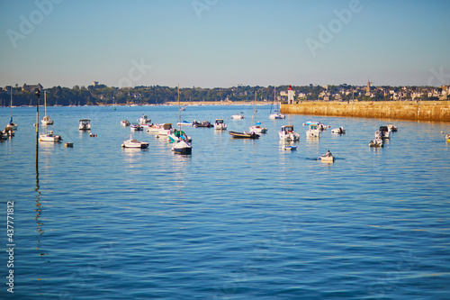 Scenic view of harbor with many yachts in Saint-Malo, Brittany, France