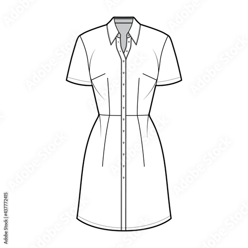 Dress shirt technical fashion illustration with short sleeves, fitted body, knee length pencil skirt, classic collar, button closure. Flat apparel front, white color. Women, men unisex CAD mockup