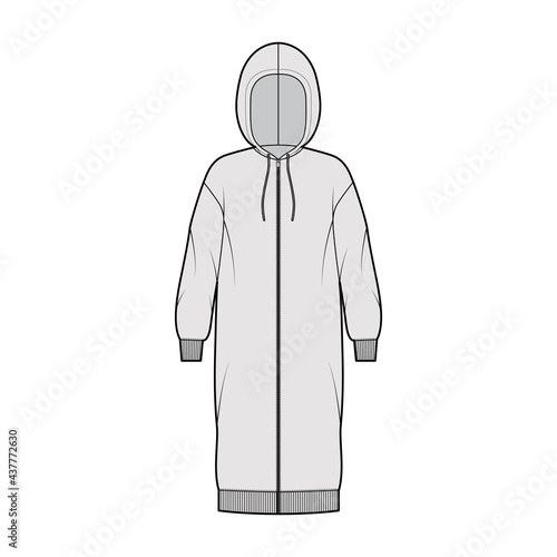 Dress zip-up hoody technical fashion illustration with long sleeves, rib cuff oversized body, knee length skirt. Flat apparel front, grey color style. Women, men unisex CAD mockup