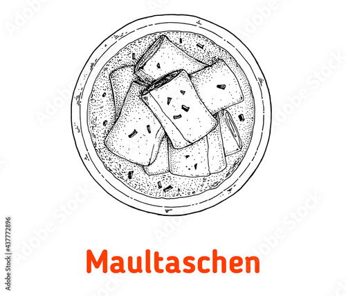German maultaschen hand drawn vector illustration. Swabian meat pockets top view. Vintage design element. Sketch illustration. photo