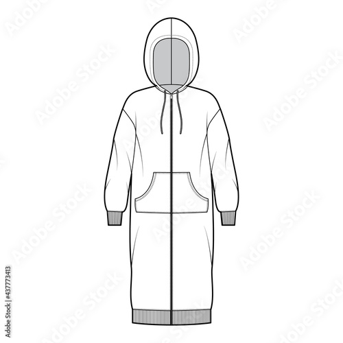 Dress zip-up hoody technical fashion illustration with long sleeves, kangaroo pouch, rib cuff oversized body, knee length skirt. Flat apparel front, white color style. Women, men unisex CAD mockup
