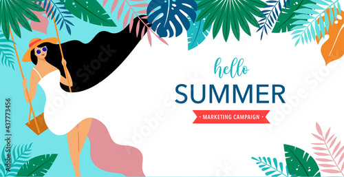 Summer scene, young woman sitting on swing on the beach, looking at the sea. Hello summer background and banner