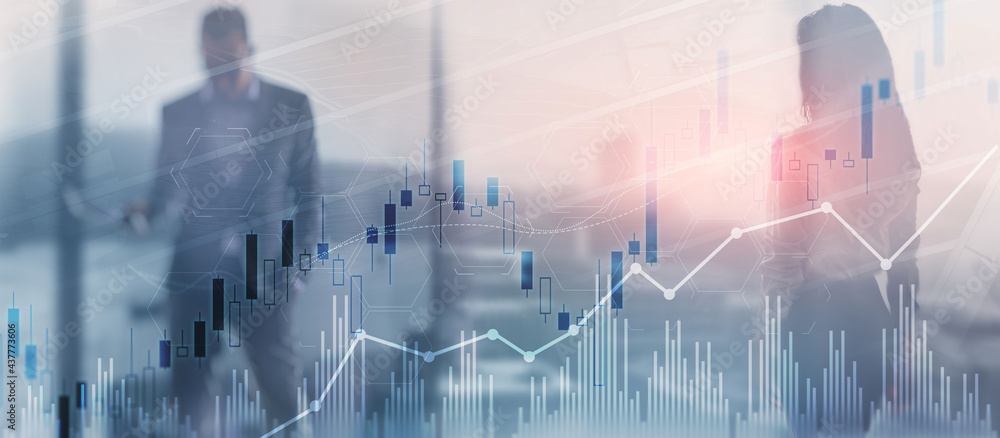 Trading candlestick chart and diagrams on blurred office center background people Trading candlestick chart and diagrams on blurred office center background people