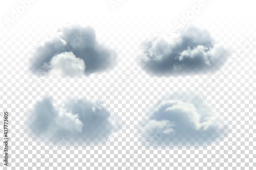 Vector set of realistic isolated cloud for template decoration and covering on the transparent background. Concept of storm and cloudscape.