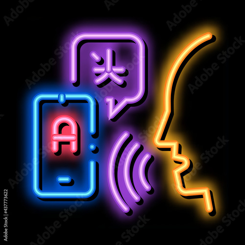 Voice Interpreter Translator neon light sign vector. Glowing bright icon Human Speaking And Smartphone Interpreter Translate sign. transparent symbol illustration