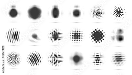 Circle halftone set. Modern dotted circles halftones. Black dotwork gradients