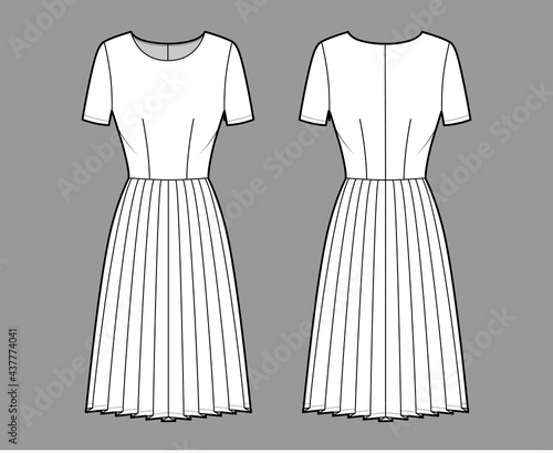 Dress pleated technical fashion illustration with short sleeves, fitted body, knee length skirt. Flat apparel front, back, white color style. Women, men unisex CAD mockup