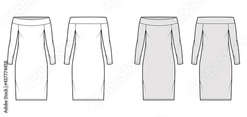 Dress off-the-shoulder Bardot technical fashion illustration with long sleeves, oversized body, knee length pencil skirt. Flat apparel front, back, white, grey color style. Women men unisex CAD mockup