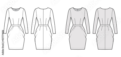 Dress tulip technical fashion illustration with long sleeves, fitted body, knee length peg-top pencil skirt. Flat apparel front, back, white, grey color style. Women, men unisex CAD mockup