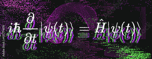 Position-space Schrodinger equation for a single nonrelativistic particle in one dimension. Conceptual illustration of the particle field in pixel art style.