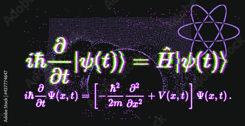 Position-space Schrodinger equation for a single nonrelativistic particle in one dimension. Conceptual illustration of the particle field in pixel art style.