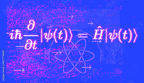 Position-space Schrodinger equation for a single nonrelativistic particle in one dimension. Conceptual illustration of the particle field in pixel art style.