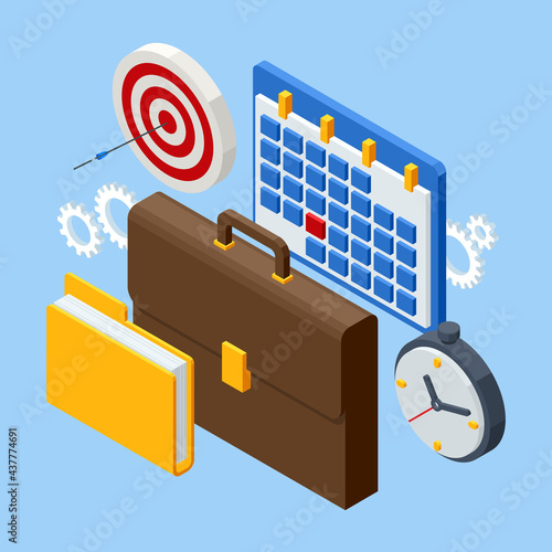 Isometric Project planning, cooperation, workflow process, business analysis, time management, quick reaction awakening and planning and strategy concept. Time management tool to organize work, office