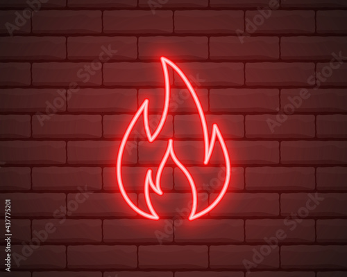 Neon fire icon. Elements in neon style icons. Simple neon flame icon for websites, web design, mobile app isolated on brick wall