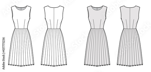 Dress pleated technical fashion illustration with sleeveless, fitted body, knee length skirt. Flat apparel front, back, white, grey color style. Women, men unisex CAD mockup
