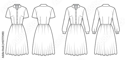 Set of Dresses house shirt technical fashion illustration with long short sleeves, knee length full skirt, classic henley collar. Flat apparel front, back, white color style. Women, unisex CAD mockup