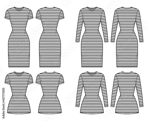 Set of Dresses sailor technical fashion illustration with stripes, long elbow short sleeve, oversized fitted body, knee mini length pencil skirt. Flat apparel front, back, white color. Women, men CAD