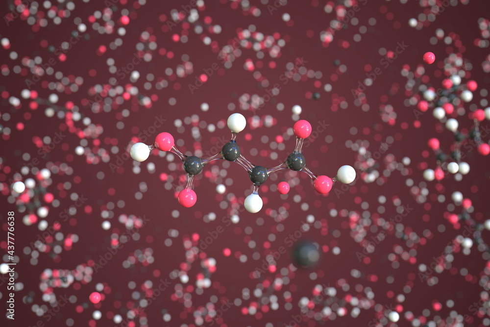 Fumaric acid molecule, scientific molecular model, 3d rendering