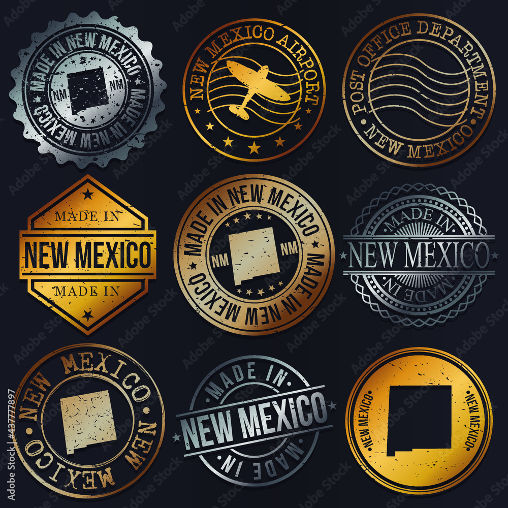 New Mexico, USA Business Metal Stamps. Gold Made In Product Seal. National Logo Icon. Symbol Design Insignia Country.