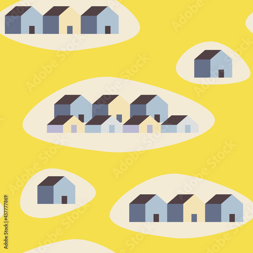 Vector seamless pattern of gray houses on illuminating yellow background. Property sale. Modern village. Smart Home security concept. Real estate. Geometric pastel minimalist shape. Simplicity design.