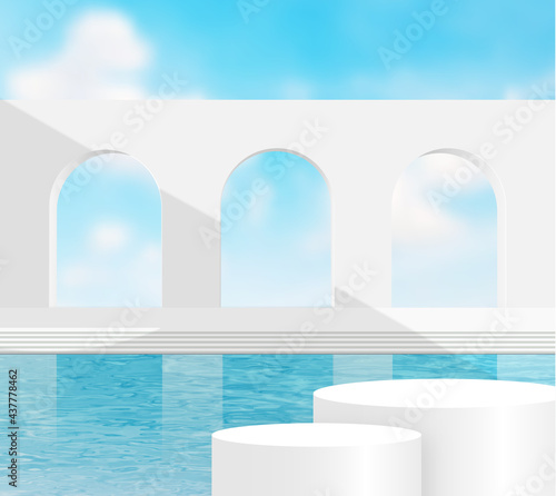 3d render, Surreal landscape with white wall and pool with the blue sky. Modern minimal abstract background,illustration EPS10.