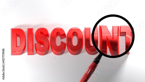 DISCOUNT red write on white surface, under magnifier lens - 3D rendering illustration