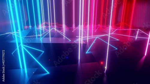 Neon linear lamps with gradient glow of red-blue color over a low poly surface onto which luminous multi-colored balls fall. Abstract dark creative background with neon light. Vertical neon lamps