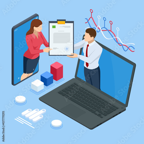 Document with a signature. Isometric electronic signature. Electronic Document, digital form attached to electronically transmitted document, verification of intent to sign agreement and legal deal.