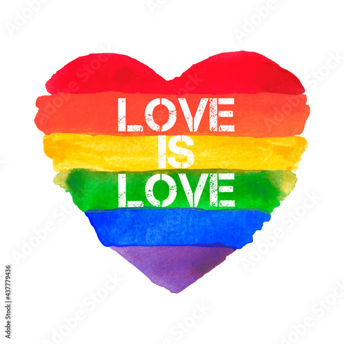 Love is Love. Watercolor Hand Painted Colorful Rainbow with Lettering