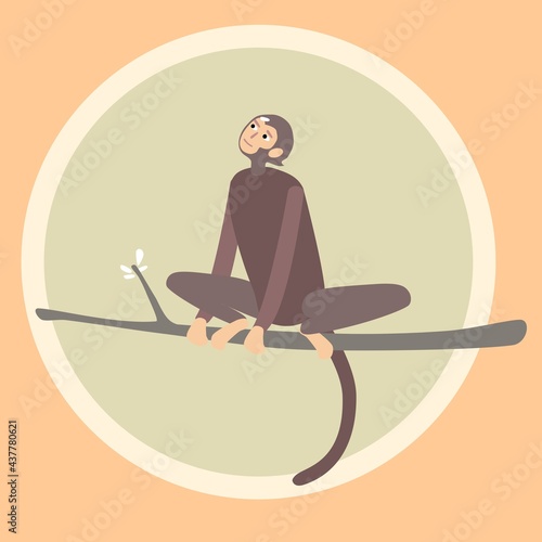 Monkey looking like a man sitting on a branch, vector illustration. Looks like a shipanze a macaque a garila. Common primate. Ape on tree. Traditional china style. Year of monkey in horoscope. Animal.