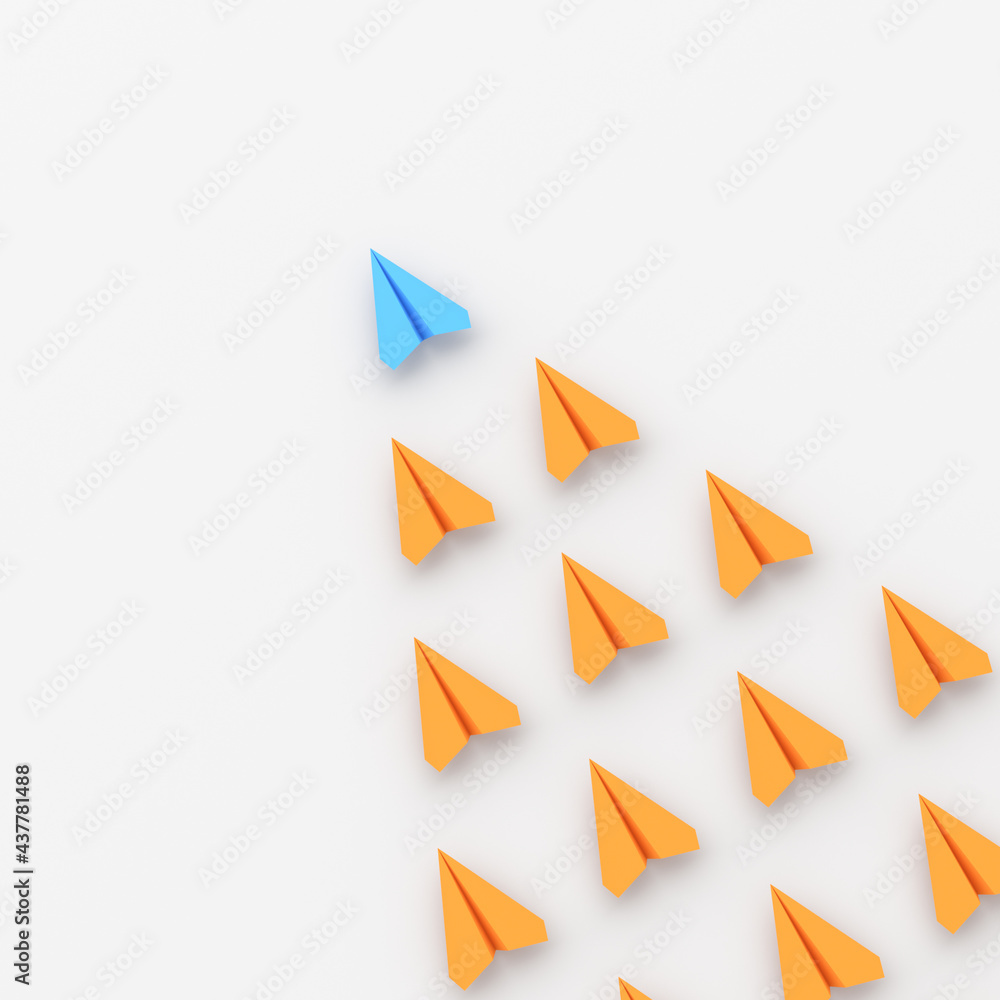 Leadership concept, blue leader plane leading orange planes. 3D Rendering Leadership concept, blue leader plane leading orange planes. 3D Rendering