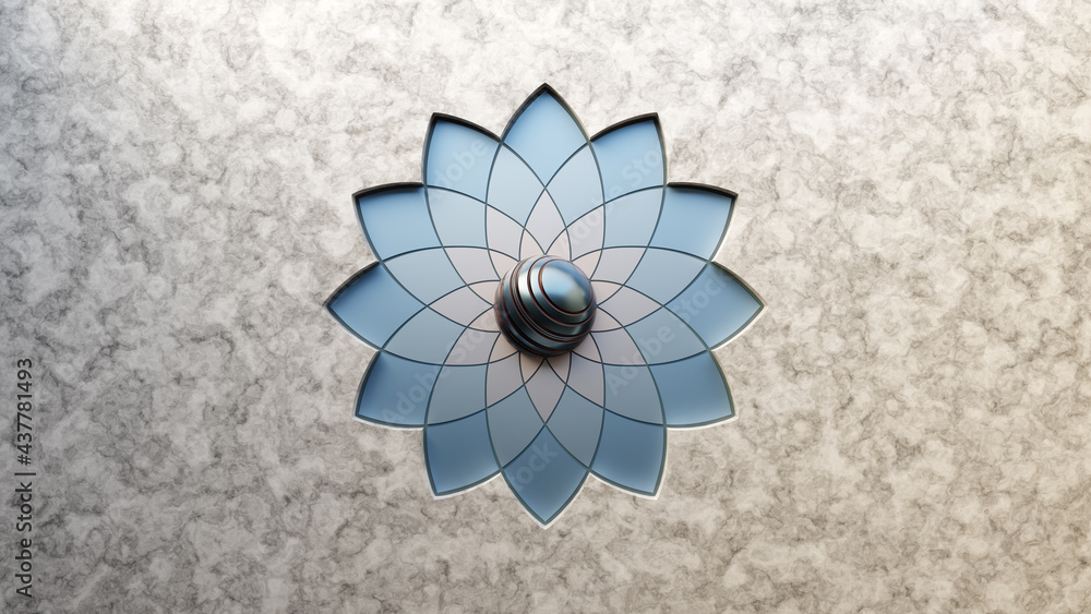 Obraz premium Abstract blue flower background with marble texture and circle sphere inside. 3D Rendering