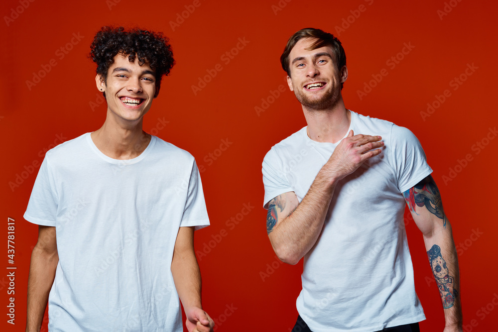 two friends in white t-shirts construction teams he emotions two friends in white t-shirts construction teams he emotions