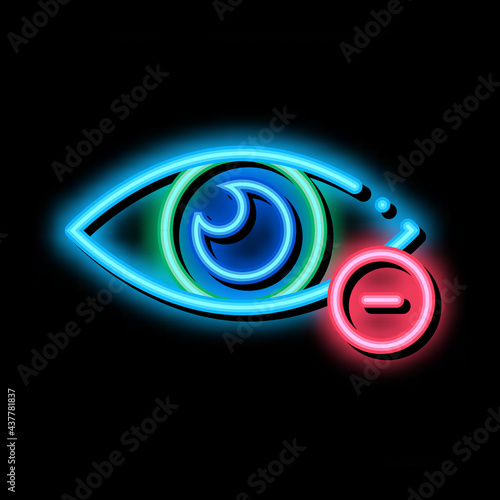 Diopter Myopia Eye Vision neon light sign vector. Glowing bright icon Eye With Minus Mark Concept Linear Pictogram. Eyesight Problem Clinic Aid sign. transparent symbol illustration