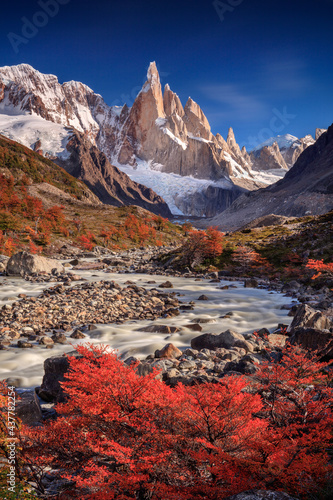 Majestic Cerro Torres in autumn, coloured trees, Patagonia, Argentina. 