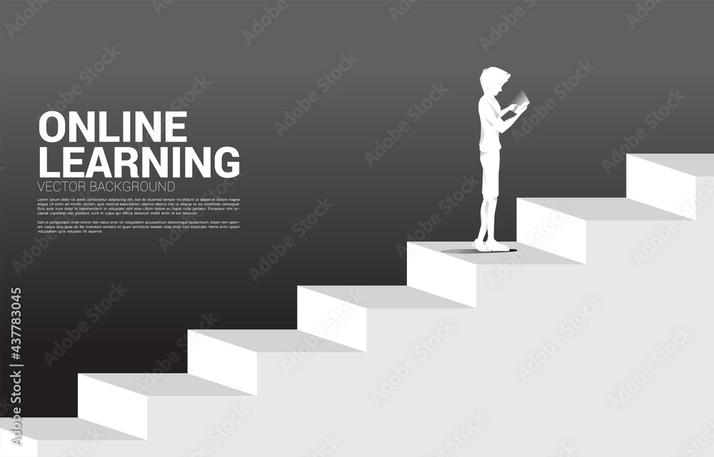 Silhouette of businessman use mobile phone standing on stair. Concept of people ready to up level of career and business. Silhouette of businessman use mobile phone standing on stair. Concept of people ready to up level of career and business.