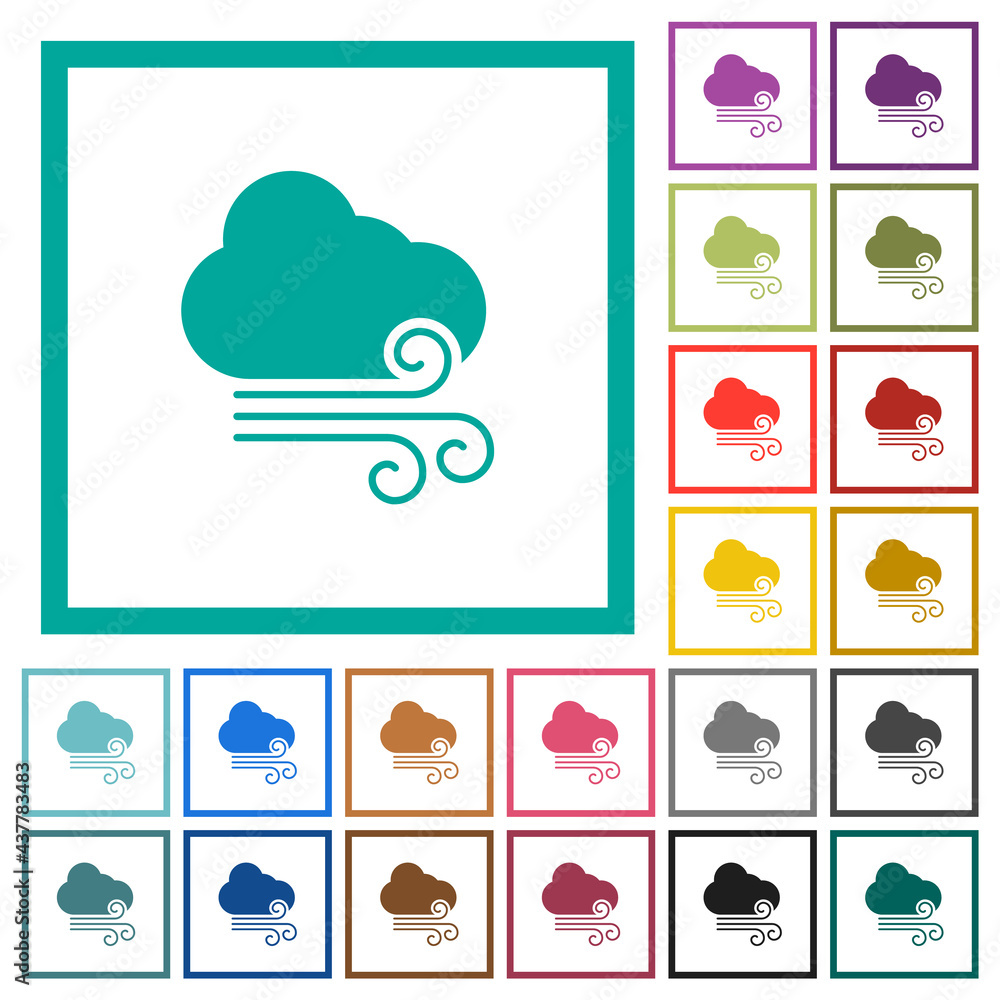 Windy weather flat color icons with quadrant frames