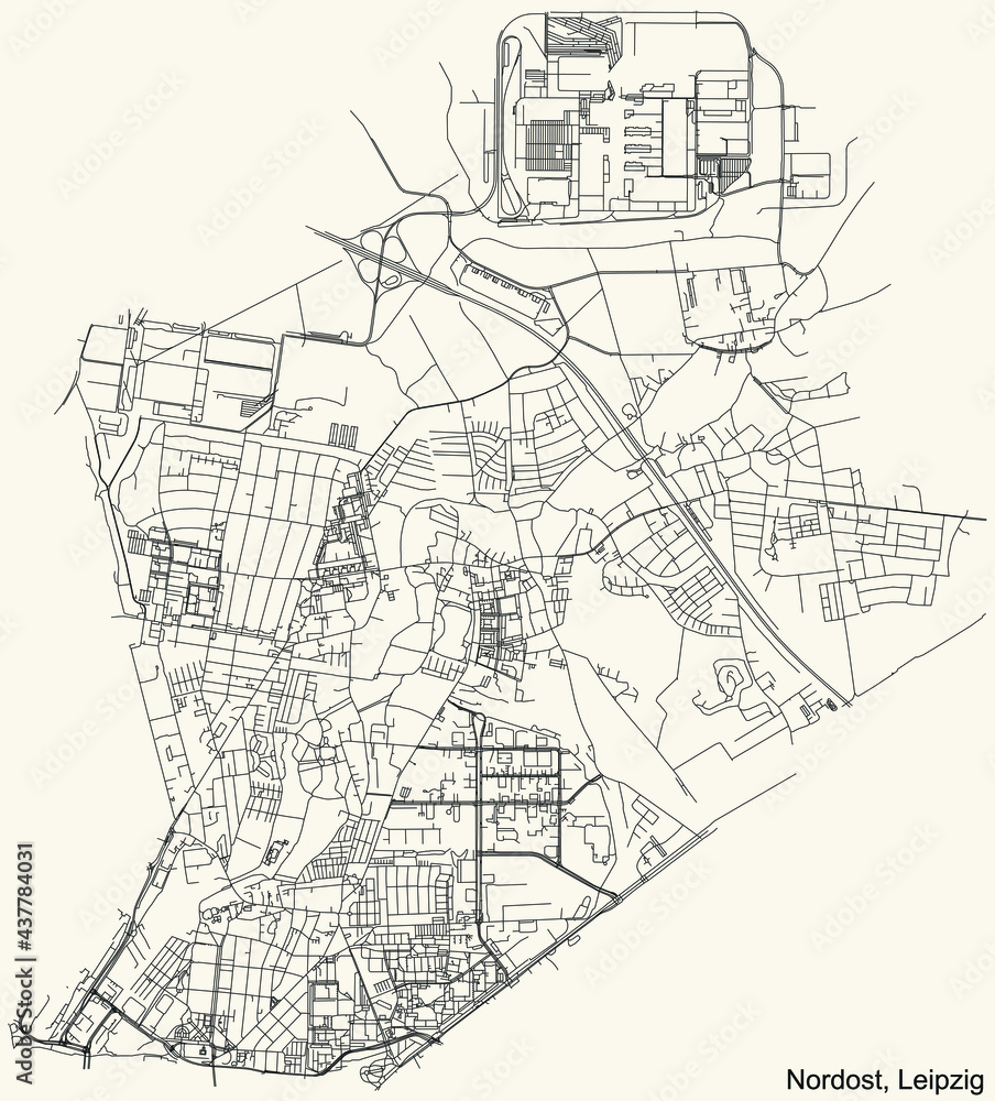 Black simple detailed street roads map on vintage beige background of the quarter Northeast (Nordost) district of Leipzig, Germany