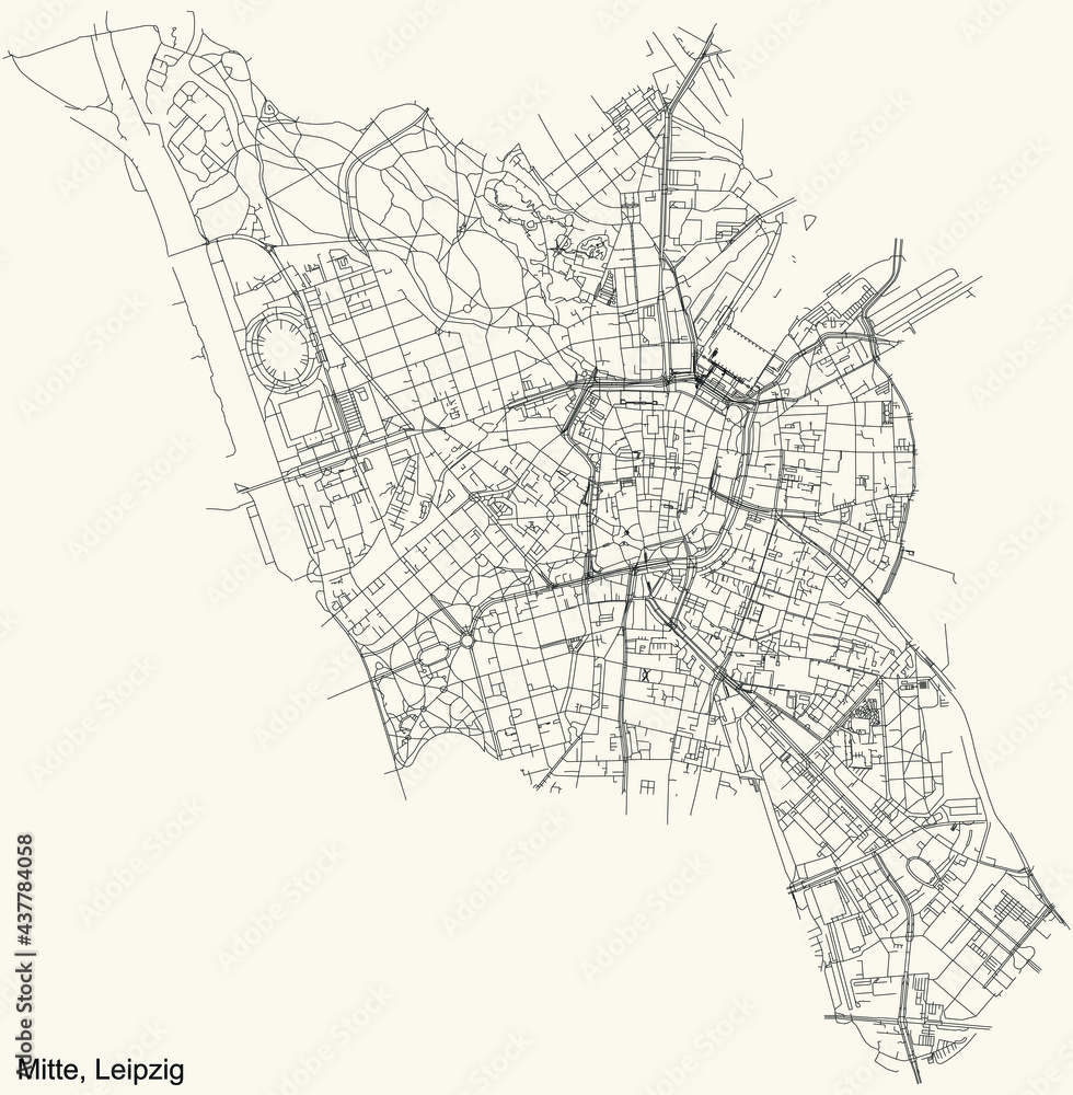 Black simple detailed street roads map on vintage beige background of the quarter Center (Mitte) district of Leipzig, Germany